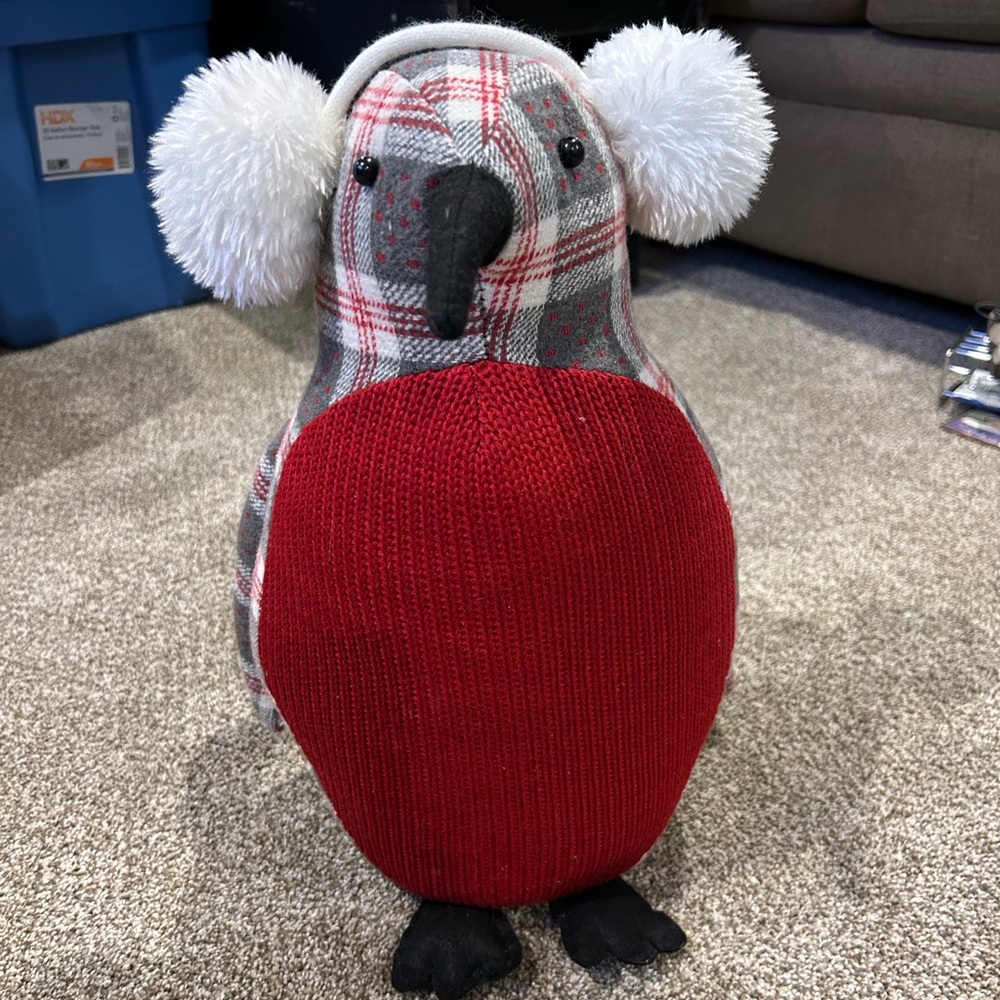 Plaid Red and Gray Plush penguin decor